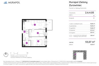 Rzut - Mieszkanie na sprzedaż 2 pokoje o powierzchni 52,92 m² - numer 2.A.4.05 w Murapol Zielony Żurawiniec
