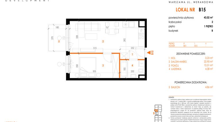 Rzut - Mieszkanie na sprzedaż 2 pokoje o powierzchni 43,02 m² - numer B15 w Werandowa