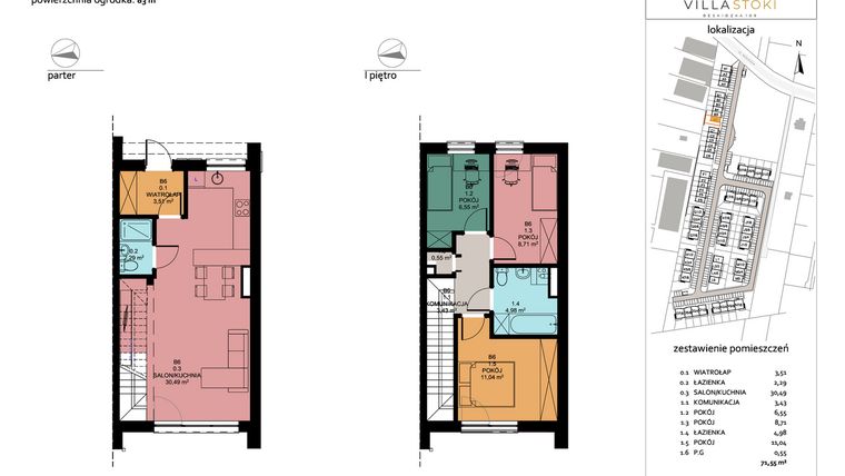 Rzut - Dom na sprzedaż 4 pokoje o powierzchni 71,55 m² - numer B6 w Villa Stoki (domy)