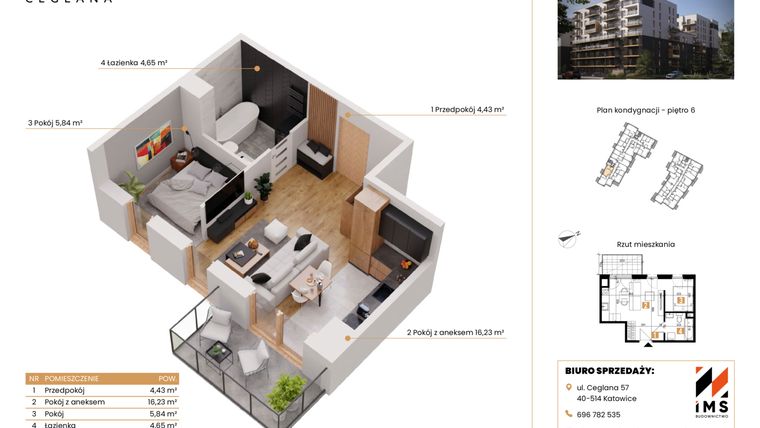 Rzut - Mieszkanie na sprzedaż 1 pokój o powierzchni 31,14 m² - numer D.6.5 w Rondo Ceglana etap II
