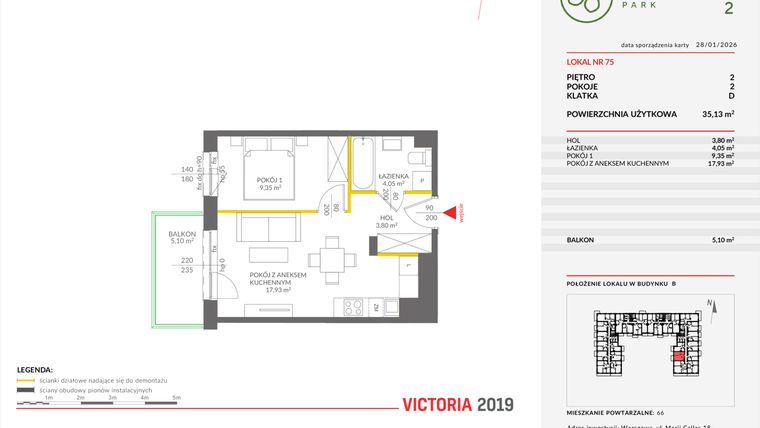 Rzut - Mieszkanie na sprzedaż 2 pokoje o powierzchni 35,19 m² - numer B.75 w Olchowy Park II