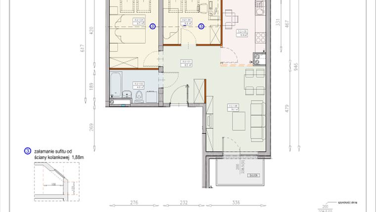 Rzut - Mieszkanie na sprzedaż 3 pokoje o powierzchni 56,6 m² - numer B 3/2/1/3k w Sady nad Zieloną - budynek B
