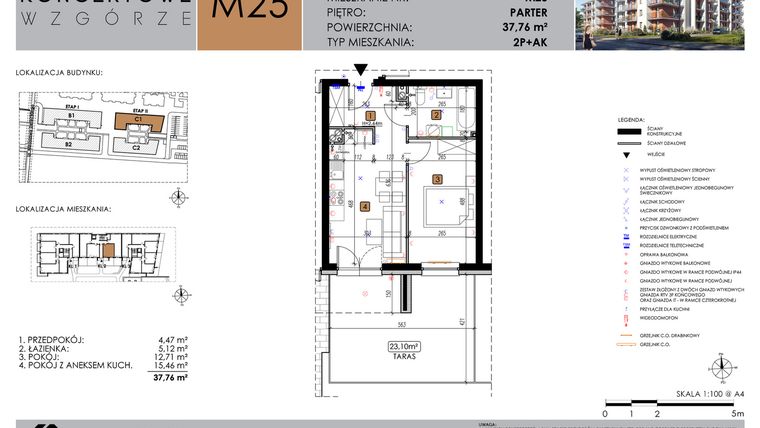 Rzut - Mieszkanie na sprzedaż 2 pokoje o powierzchni 37,76 m² - numer C1_M25/P w Koncertowe Wzgórze etap II