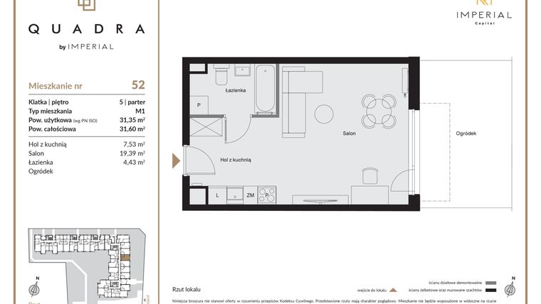 Rzut - Mieszkanie na sprzedaż 1 pokój o powierzchni 31,35 m² - numer 52 w QUADRA