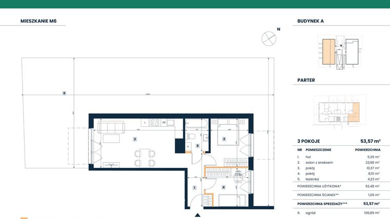 Rzut - Mieszkanie na sprzedaż 3 pokoje o powierzchni 53,57 m² - numer M06 w Reneta
