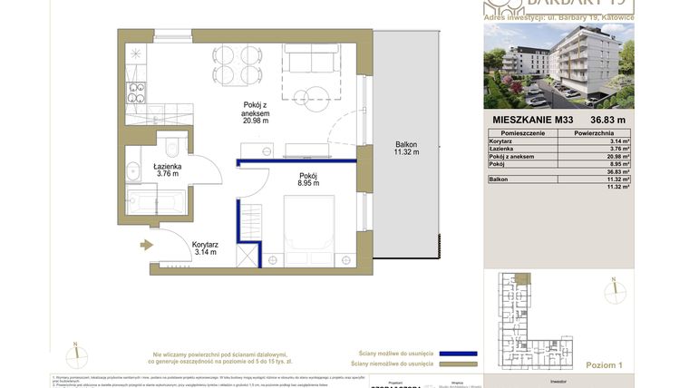 Rzut - Mieszkanie na sprzedaż 2 pokoje o powierzchni 36,83 m² - numer M33 w Barbary 19