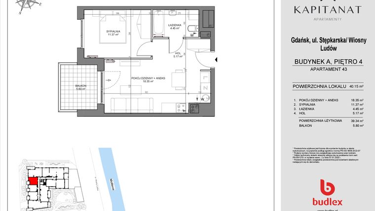 Rzut - Mieszkanie na sprzedaż 2 pokoje o powierzchni 39,34 m² - numer A43 w Kapitanat A