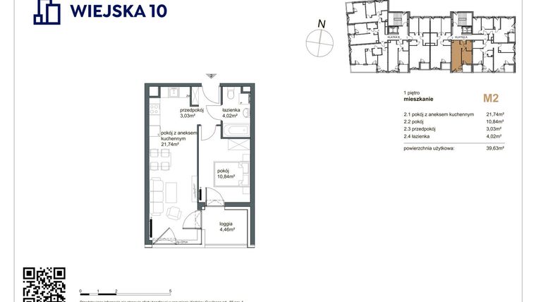 Rzut - Mieszkanie na sprzedaż 2 pokoje o powierzchni 39,63 m² - numer 2 w Wiejska 10