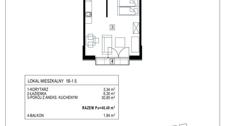 Rzut - Mieszkanie na sprzedaż 1 pokój o powierzchni 40,49 m² - numer 1B-1.5 w Gardenia Pogodno