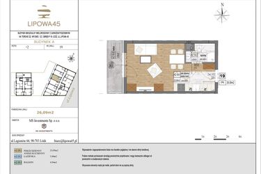 Rzut - Mieszkanie na sprzedaż 1 pokój o powierzchni 26,09 m² - numer A19 w Lipowa 45