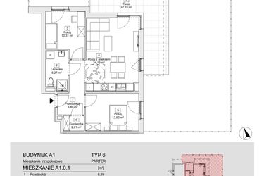 Rzut - Mieszkanie na sprzedaż 3 pokoje o powierzchni 61,19 m² - numer A1.0.1(N) w Zacisze Marcelin IIIa