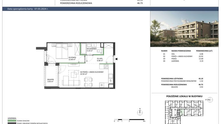 Rzut - Mieszkanie na sprzedaż 2 pokoje o powierzchni 46,73 m² - numer A-26 w Hillence