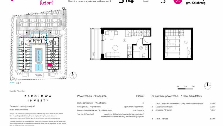 Rzut - Mieszkanie na sprzedaż 1 pokój o powierzchni 29,9 m² - numer 314 w VacationClub Resort