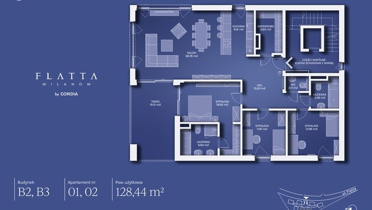 Rzut - Mieszkanie na sprzedaż 4 pokoje o powierzchni 128,44 m² - numer B3.02 w Flatta Wilanów