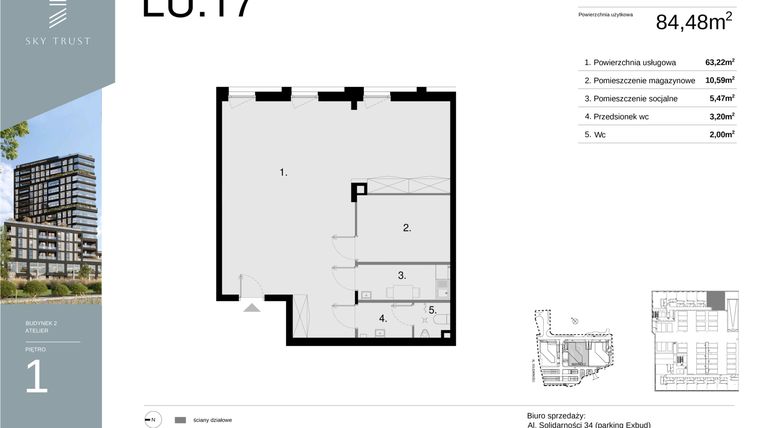 Rzut - Lokal użytkowy na sprzedaż 1 pokój o powierzchni 84,48 m² - numer LU17 w Sky Trust etap II