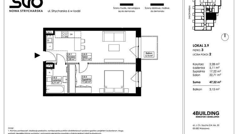 Rzut - Mieszkanie na sprzedaż 2 pokoje o powierzchni 47,32 m² - numer 3.9 w Nowa Strycharska | STR 6