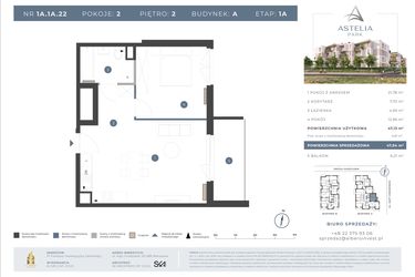 Rzut - Mieszkanie na sprzedaż 2 pokoje o powierzchni 47,13 m² - numer 1A.1A.22 w Astelia Park etap 1A i 3