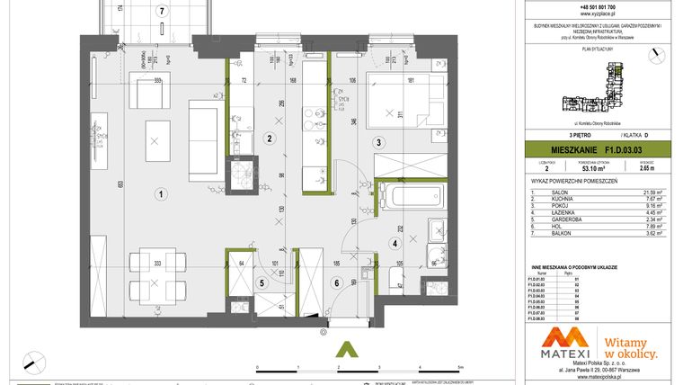 Rzut - Mieszkanie na sprzedaż 2 pokoje o powierzchni 53,04 m² - numer F1.D.03.03 w XYZ Place