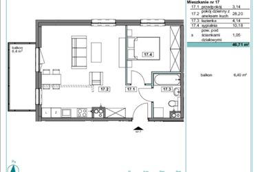 Rzut - Mieszkanie na sprzedaż 2 pokoje o powierzchni 46,6 m² - numer F.17 w Osiedle Kościuszki