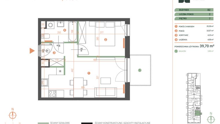 Rzut - Mieszkanie na sprzedaż 2 pokoje o powierzchni 39,7 m² - numer M.07.01 w Casa Feliz Portowa