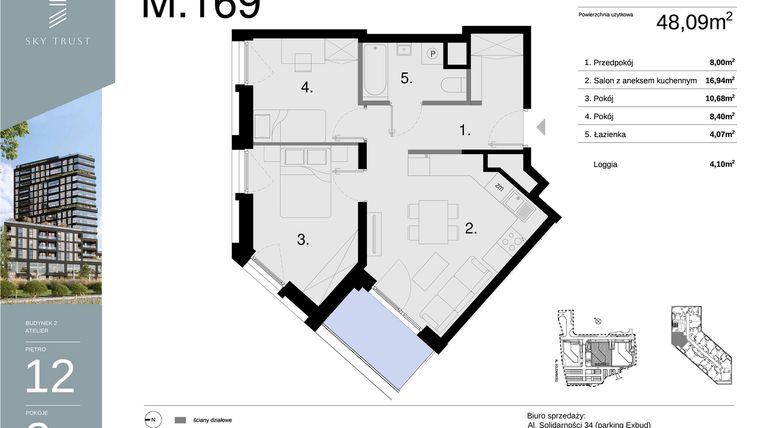 Rzut - Mieszkanie na sprzedaż 3 pokoje o powierzchni 48,09 m² - numer M169 w Sky Trust etap II