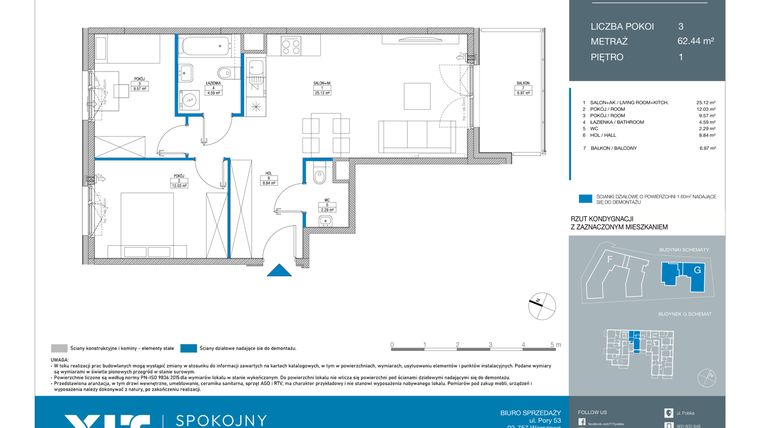 Rzut - Mieszkanie na sprzedaż 3 pokoje o powierzchni 62,44 m² - numer GC0105 w Spokojny Mokotów etap II