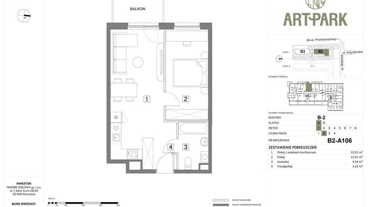 Rzut - Mieszkanie na sprzedaż 2 pokoje o powierzchni 42,58 m² - numer B.2.A106 w Inhome Osiedle ArtPark etap I
