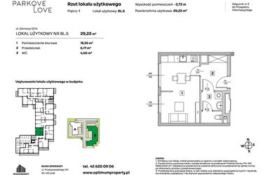Rzut - Mieszkanie na sprzedaż 1 pokój o powierzchni 29,22 m² - numer BL.5 w Parkove Love - apartamenty inwestycyjne