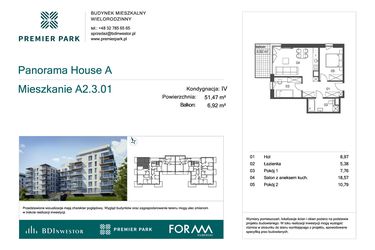 Rzut - Mieszkanie na sprzedaż 3 pokoje o powierzchni 51,47 m² - numer A2.3.01 w Premier Park II