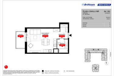 Rzut - Mieszkanie na sprzedaż 1 pokój o powierzchni 32,92 m² - numer A4 180 w Osiedle Bociana 5