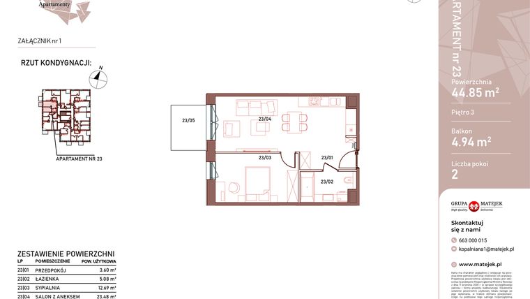 Rzut - Mieszkanie na sprzedaż 2 pokoje o powierzchni 44,85 m² - numer 23 w Kopalniana