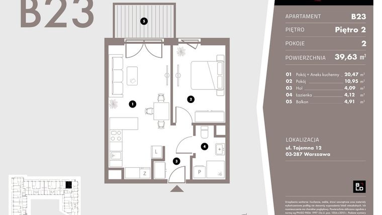 Rzut - Mieszkanie na sprzedaż 2 pokoje o powierzchni 39,63 m² - numer B23 w Livo