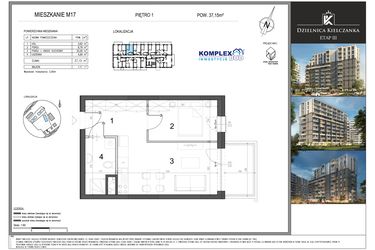 Rzut - Mieszkanie na sprzedaż 2 pokoje o powierzchni 37,15 m² - numer M17 w Dzielnica Kielczanka etap III