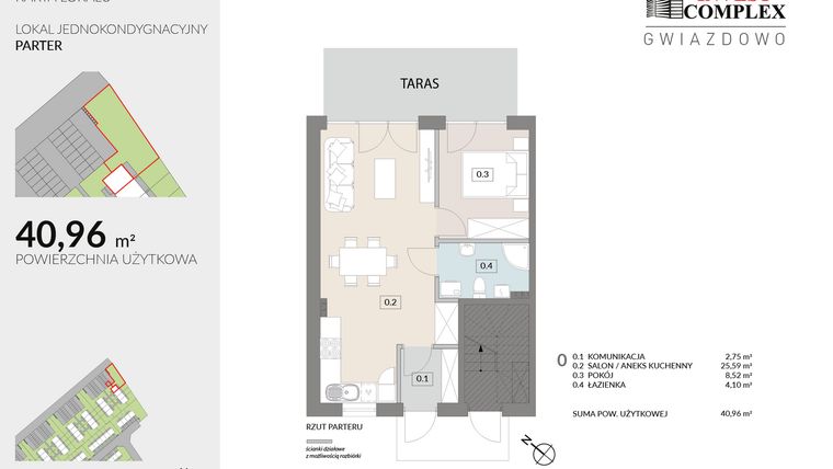 Rzut - Mieszkanie na sprzedaż 2 pokoje o powierzchni 40,96 m² - numer A61.1 w Osiedle Gwiazdowo etap 6B