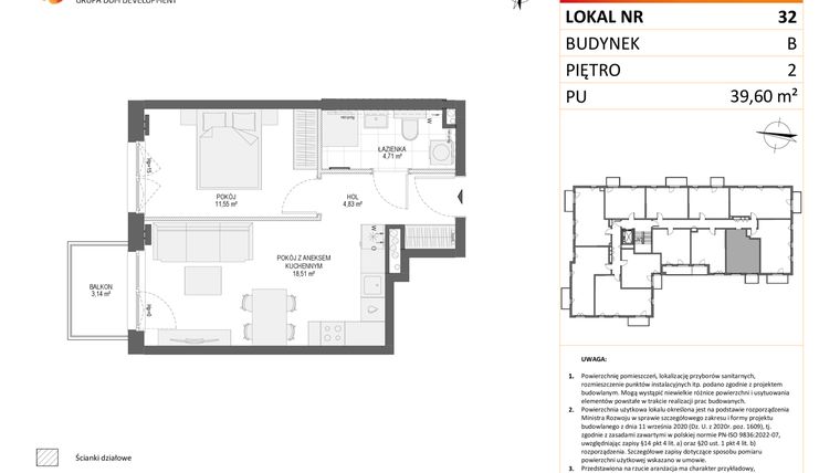 Rzut - Mieszkanie na sprzedaż 2 pokoje o powierzchni 39,6 m² - numer B32 w Osiedle Orzechowa