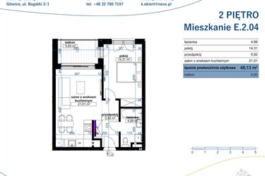 Rzut - Mieszkanie na sprzedaż 2 pokoje o powierzchni 46,13 m² - numer E.2.04 w Wzgórze Poetów 2