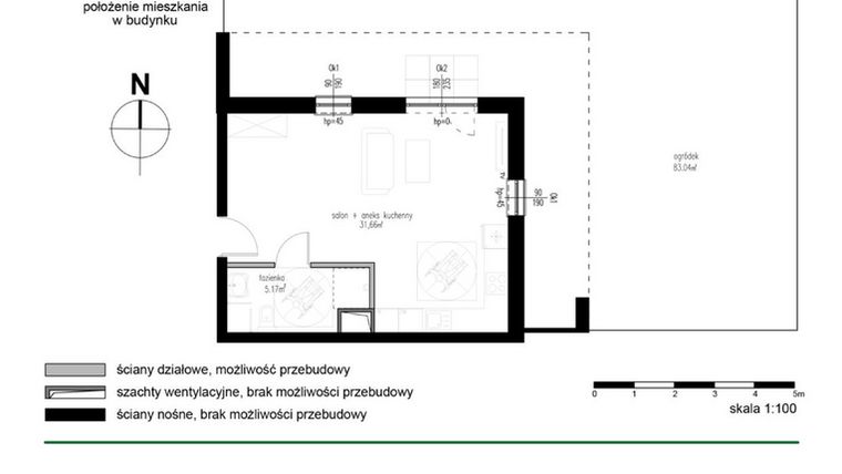 Rzut - Mieszkanie na sprzedaż 1 pokój o powierzchni 36,83 m² - numer M1 w Wędrowna