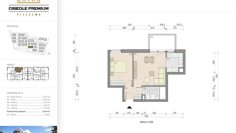 Rzut - Mieszkanie na sprzedaż 2 pokoje o powierzchni 41,54 m² - numer B1.35 w Osiedle Premium etap IV