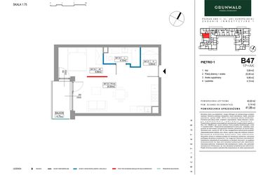 Rzut - Mieszkanie na sprzedaż 1 pokój o powierzchni 41,06 m² - numer B047 w Grunwald Między Drzewami etap II
