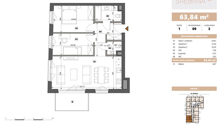 Rzut - Mieszkanie na sprzedaż 3 pokoje o powierzchni 63,84 m² - numer 9 w Srebrna 5
