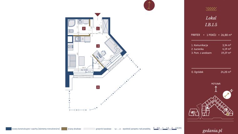 Rzut - Mieszkanie na sprzedaż 1 pokój o powierzchni 26,8 m² - numer I.B.1.5 w GEDANIA Riverside Living - apartamenty inwestycyjne