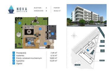 Rzut - Mieszkanie na sprzedaż 2 pokoje o powierzchni 43,06 m² - numer A8 w Nova Baltica Mieszkania Kołobrzeg