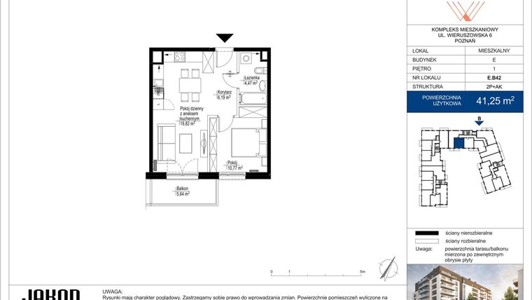 Rzut - Mieszkanie na sprzedaż 2 pokoje o powierzchni 41,25 m² - numer E.B42 w Wieruszowska E