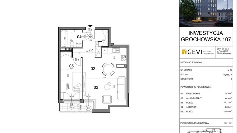 Rzut - Mieszkanie na sprzedaż 2 pokoje o powierzchni 46,74 m² - numer 19 w Grochowska 107