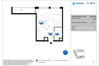 Rzut - Mieszkanie na sprzedaż 1 pokój o powierzchni 34,68 m² - numer B23 289 w Flow - bud. B2 A i bud. B2 B