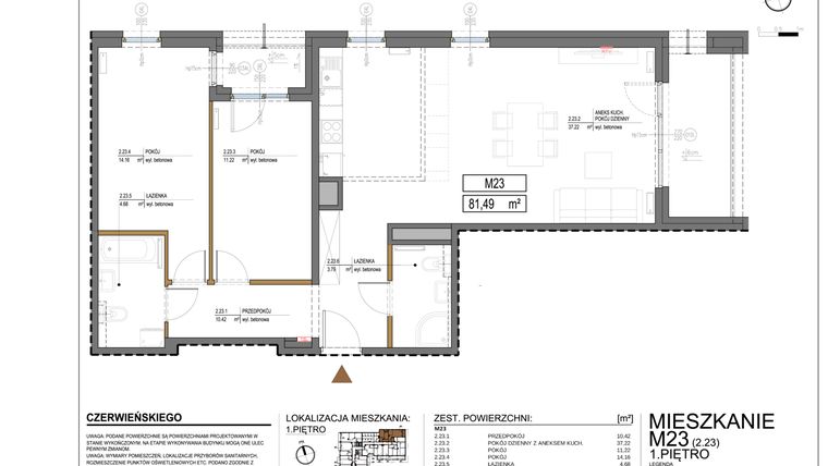 Rzut - Mieszkanie na sprzedaż 3 pokoje o powierzchni 81,49 m² - numer 3.23 w Czerwieńskiego 3