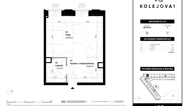 Rzut - Mieszkanie na sprzedaż 2 pokoje o powierzchni 45,75 m² - numer B-01-02 w Kolejova 1