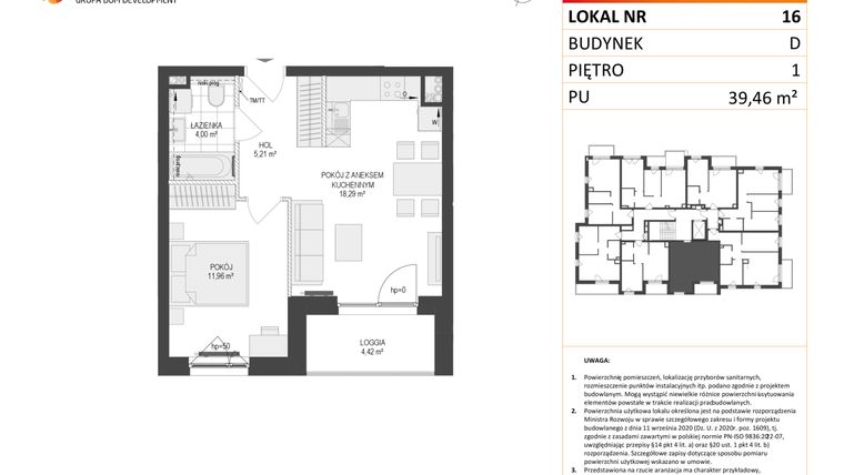 Rzut - Mieszkanie na sprzedaż 2 pokoje o powierzchni 39,46 m² - numer D.16 w Osiedle Warszawska etap II