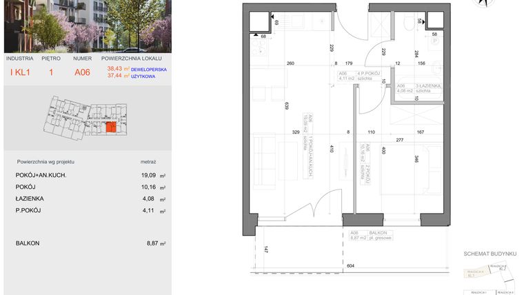 Rzut - Mieszkanie na sprzedaż 2 pokoje o powierzchni 37,44 m² - numer I-A6 w Industria etap I-A