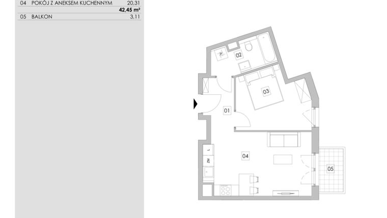 Rzut - Mieszkanie na sprzedaż 2 pokoje o powierzchni 42,45 m² - numer A3.6.74 w ATAL Ruczaj